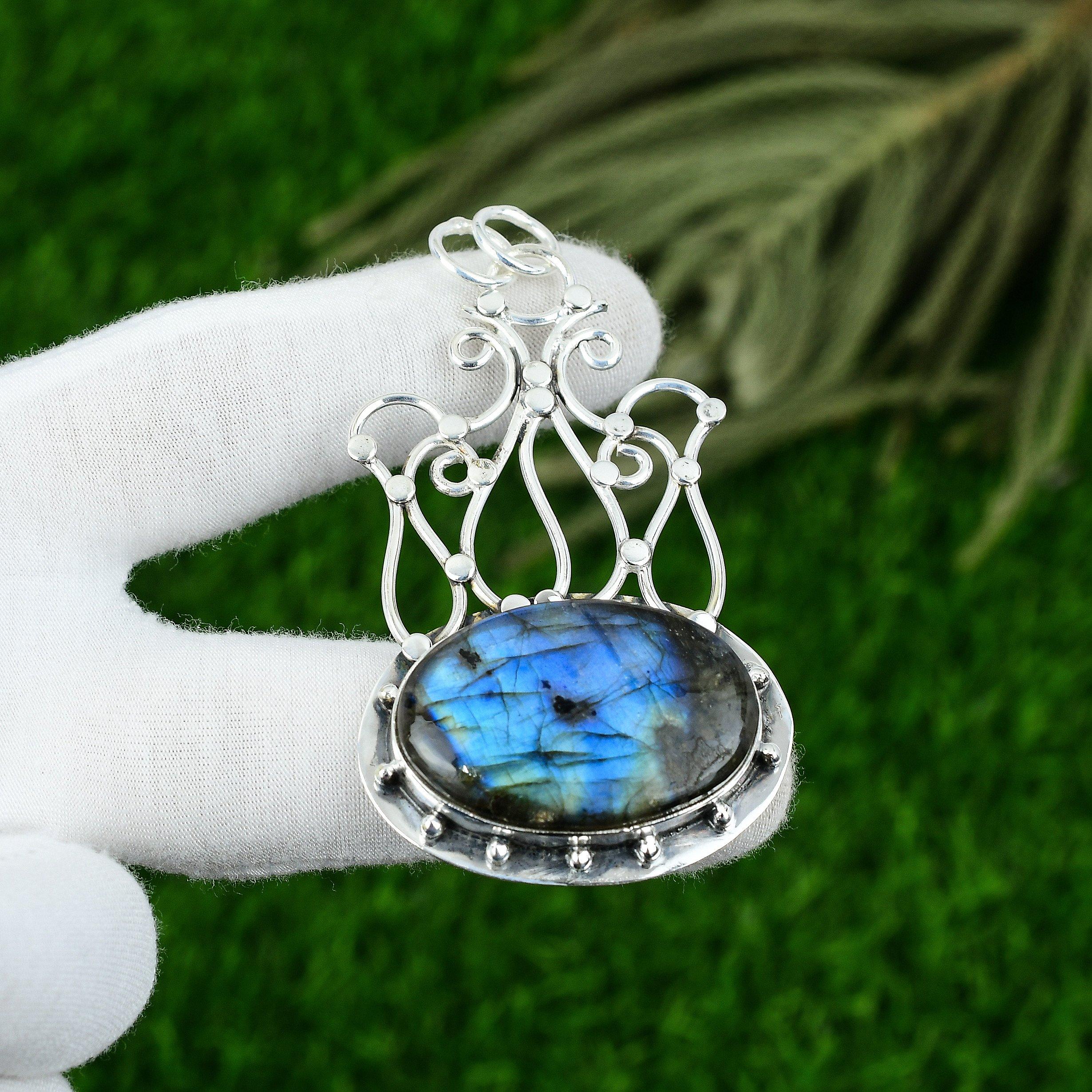 

925 Sterling Silver Labradorite Gemstone Third Eye Chakra Trendy Pendant Jewelry