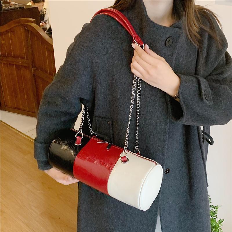 Bolsos de Hombro con Cadena de Moda Para Mujer Color de Contraste Cuero Pu Bolso de Mano Costura Tricolor Bolso Cilíndrico Casual Pequeña Capacidad Bolso Cruzado