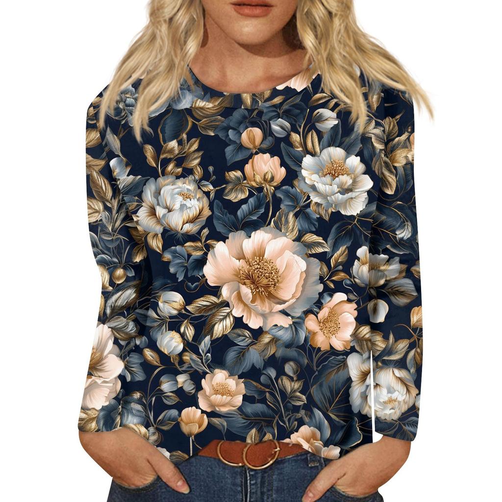 Women's Fashion Casual Long Sleeve  Print Round Neck Top