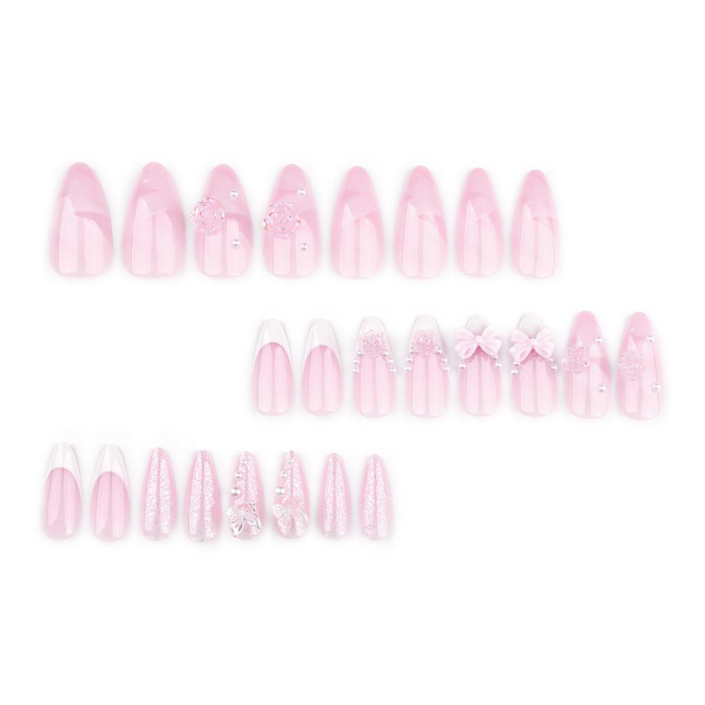 Long Almond Pink Flower Fake Nails with Tiny Pearl & Floral Decor False Nails for DIY Nail Design Art Salon