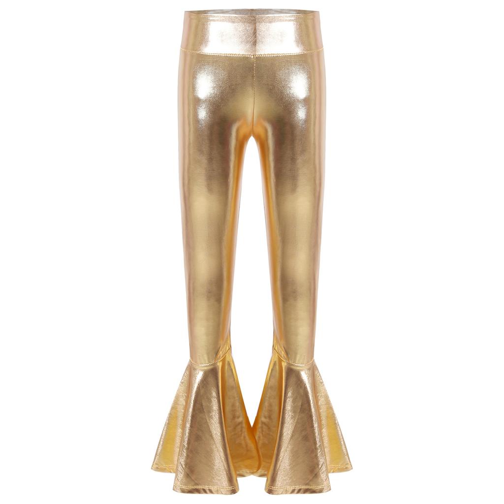 Girls Performance Pants Elastic Waistband Bronzing Cloth High Waist Design Ruffle Hem Bell Bottom