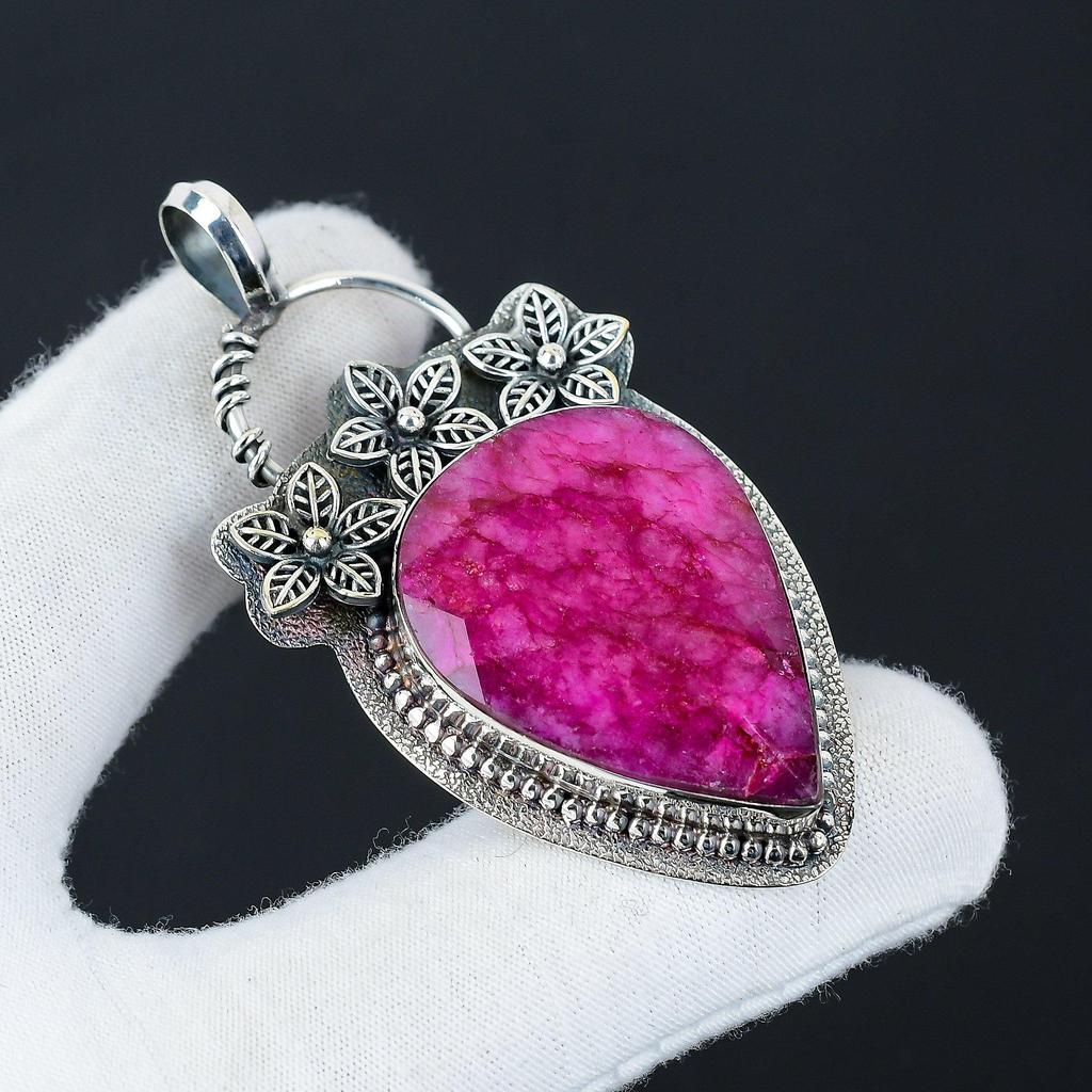 Natürlicher Kaschmir-Rubin Edelstein Silberanhänger in 925 Sterlingsilber - Handgefertigtes Blumendesign, Alltagsschmuck, Einzigartiger Anhänger Muttertagsgeschenk