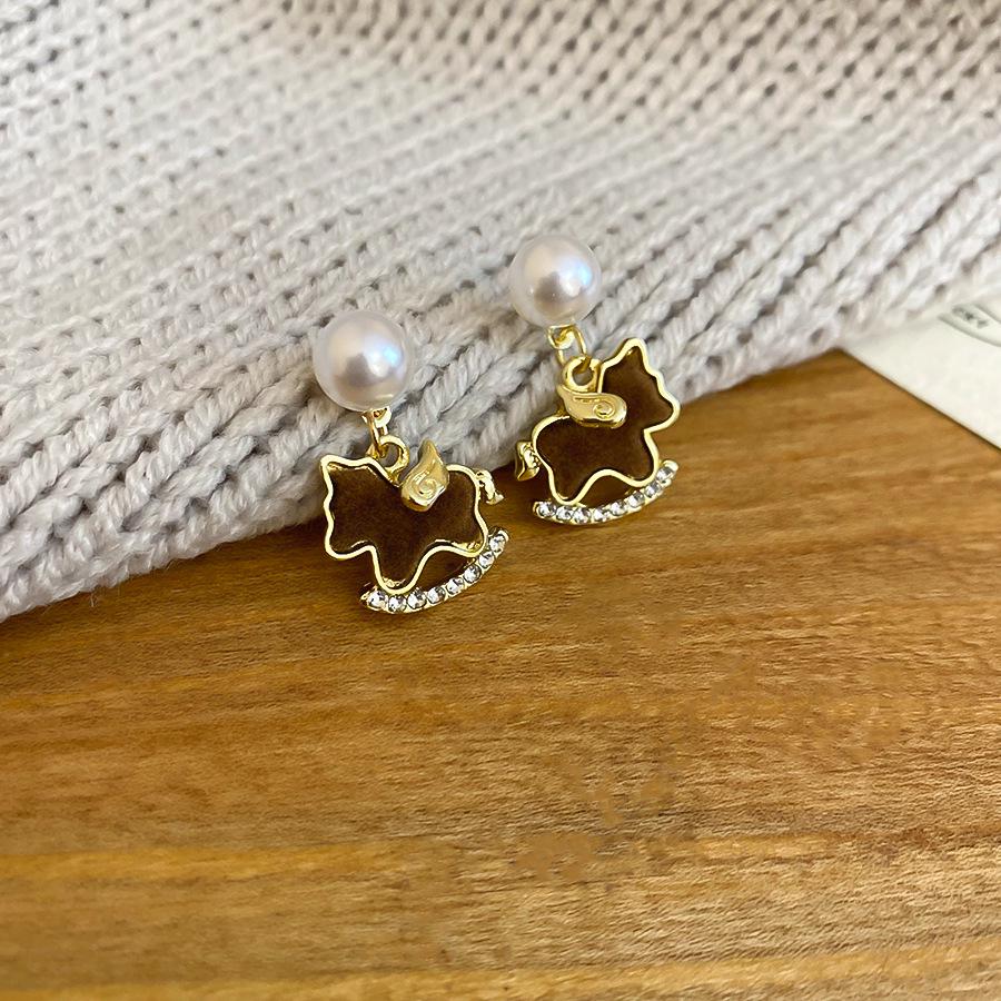 Silver Needle Rhinestone Pearl Pony Earrings - Autumn/Winter High-End Dangle Earrings for Women