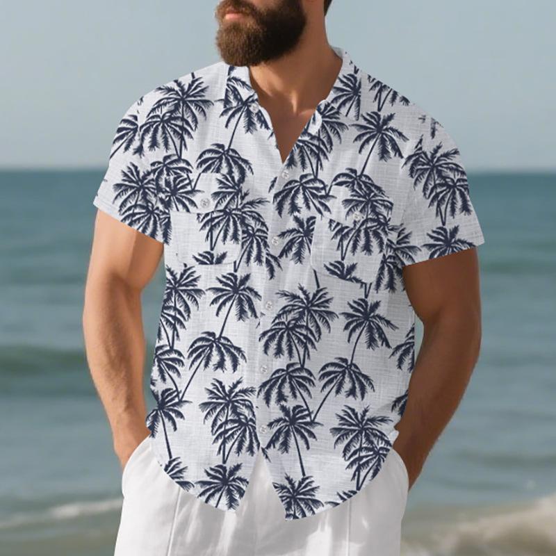 Men's Beach Short-Sleeved Shirt Coconut Tree Print Loose-Fit Holiday Shirt Men's