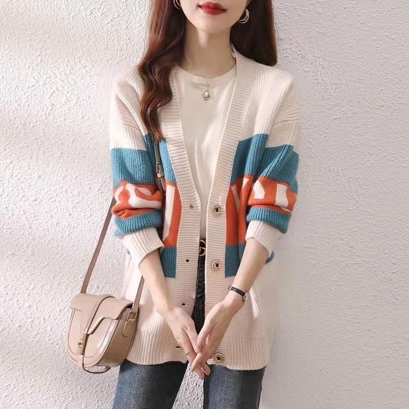 Fashionable Knitted Cardigan for Women Artistic Color-blocked Letter Sweater Cardigan Korean-style Loose Top Outerwear