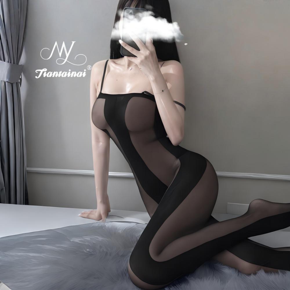 Sexy Hollow Vertical Stripe Seduction Mesh Transparent One-piece Socks Free Open Crotch Seduction Set Pure Desire Erotic Underwear