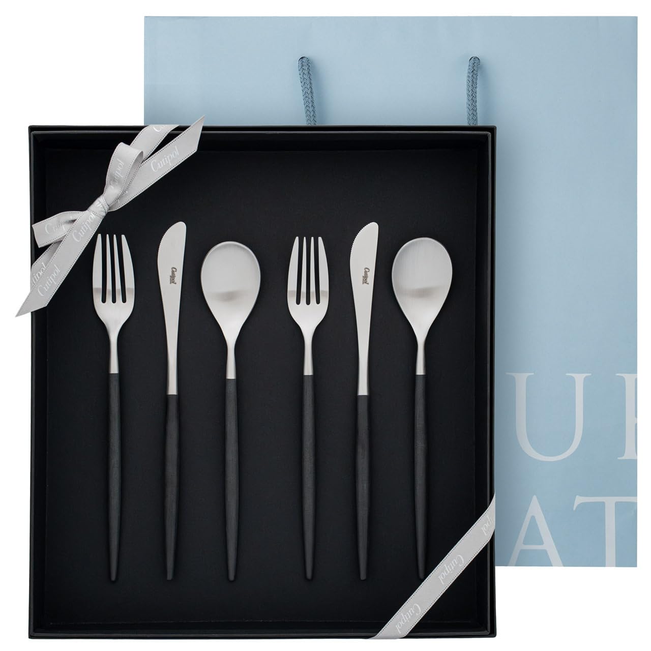 

Authentic Cutipol MIO Silver Dessert Gift Set in a Presentation Box with Authentic Ribbon and Paper Bag 2 2 Black/Matte 6-Piece (2 Knives, Forks, чёрный