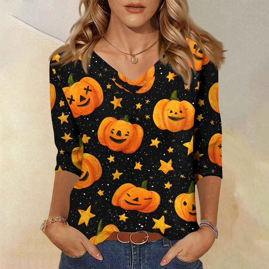 Damen Freizeit Halloween Aufdruck V-Ausschnitt Dreiviertelarm Oberteil Leichtes Weiches Gewebe Herbsthemd für den Alltag