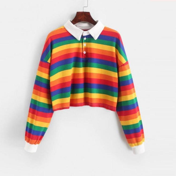 

Women s Japanese Style Rainbow Striped Polo Sweatshirt Long Sleeve Hoodie Button Down Shirt S красный