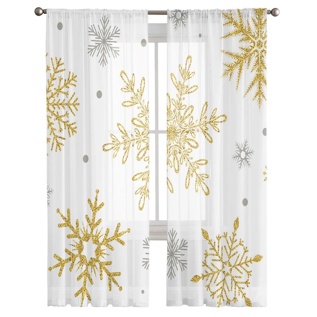 Christmas Golden Snowflake Texture Sheer Curtains For Living Room Bedroom Tulle Curtain For Kitchen Voile Curtain Blind Panels