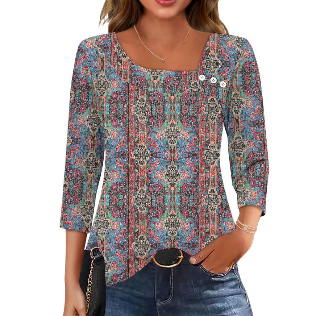 3/4 Sleeve Shirts For Women  Tees Blouses Casual Plus Size Basic Tops Pullover