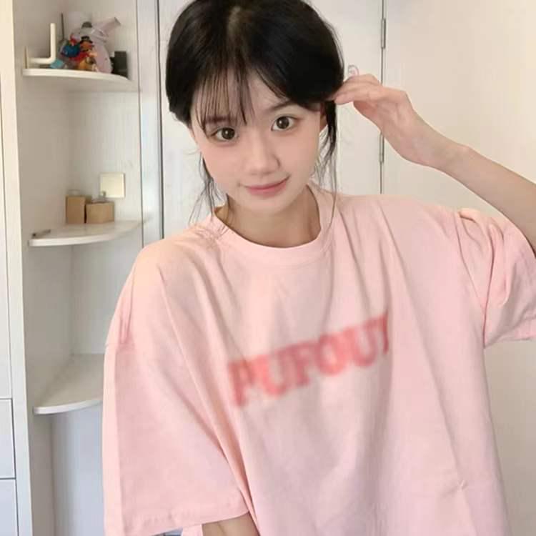 

Women s 2024 Summer Korean-Style Loose Fit Short-Sleeve T-Shirt - 100% Cotton, Chic Hong Kong Trend M for up to 100 jin