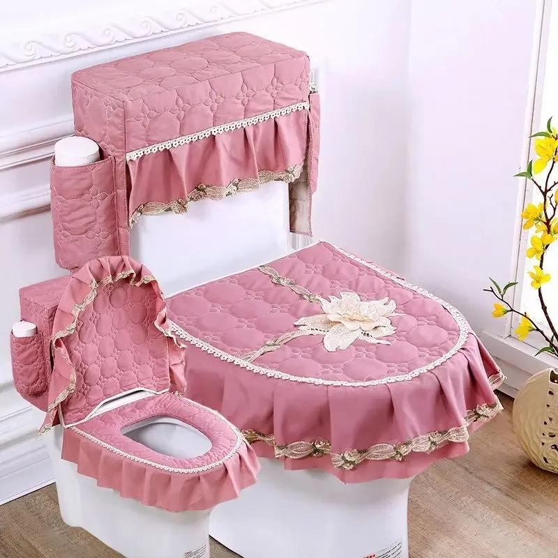 Lace 3D Embroidered Toilet Three Piece Set U-shaped Zipper Closestool Cover with Storage Bag Feather Wave Edge Dust Cushion