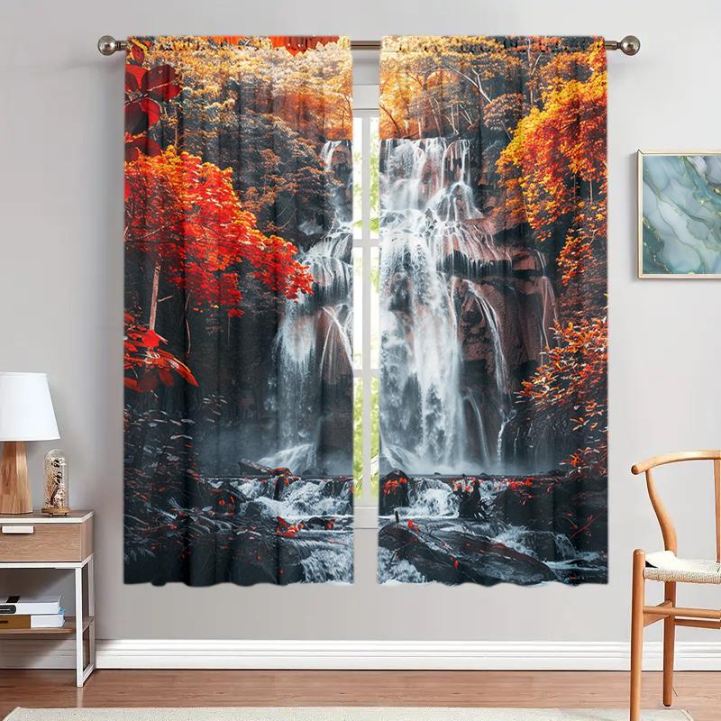 2pcs Landscape Painting Printed Curtain for Home Decor - Rod Pocket Window Treatment for Bedroom, Office, Kitchen, Living Room