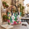 Cute Bunny Floral Print Canvas Tote Bag Casual Large Capacity Handbag for Daily Use
