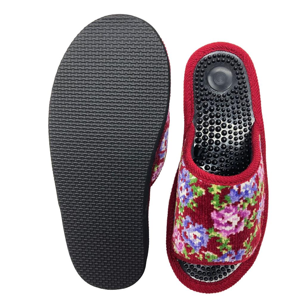 Senko FEELFOOT Kepos Akupressur-Hausschuhe, Gesundheitssandalen, ca.. 22cm-24cm, Weinrot, Glasierte Webart, Rosendesign, 27571