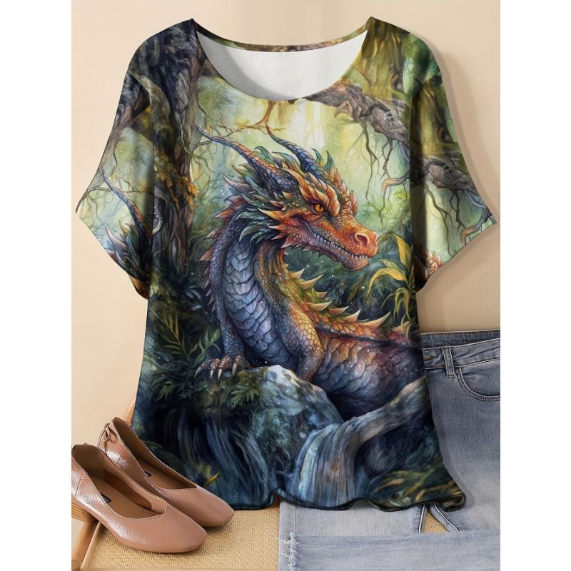 Women's Short-sleeved Round-neck T-shirt with Fox Pattern Print