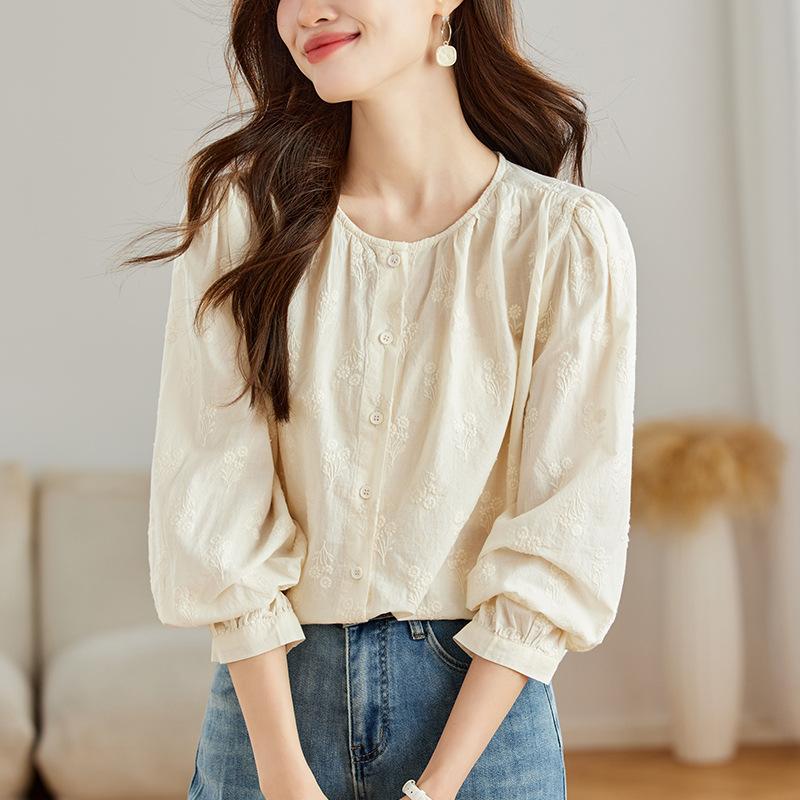 Sweet Temperament Jacquard Round Neck Shirt for Women In Women's Spring New Casual Loose Slimming Shirt for Women