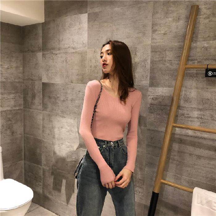 Sweater Women's Autumn and Winter New V-neck Knitted Solid Color Slim-fit Versatile Shirt Pullover Tide