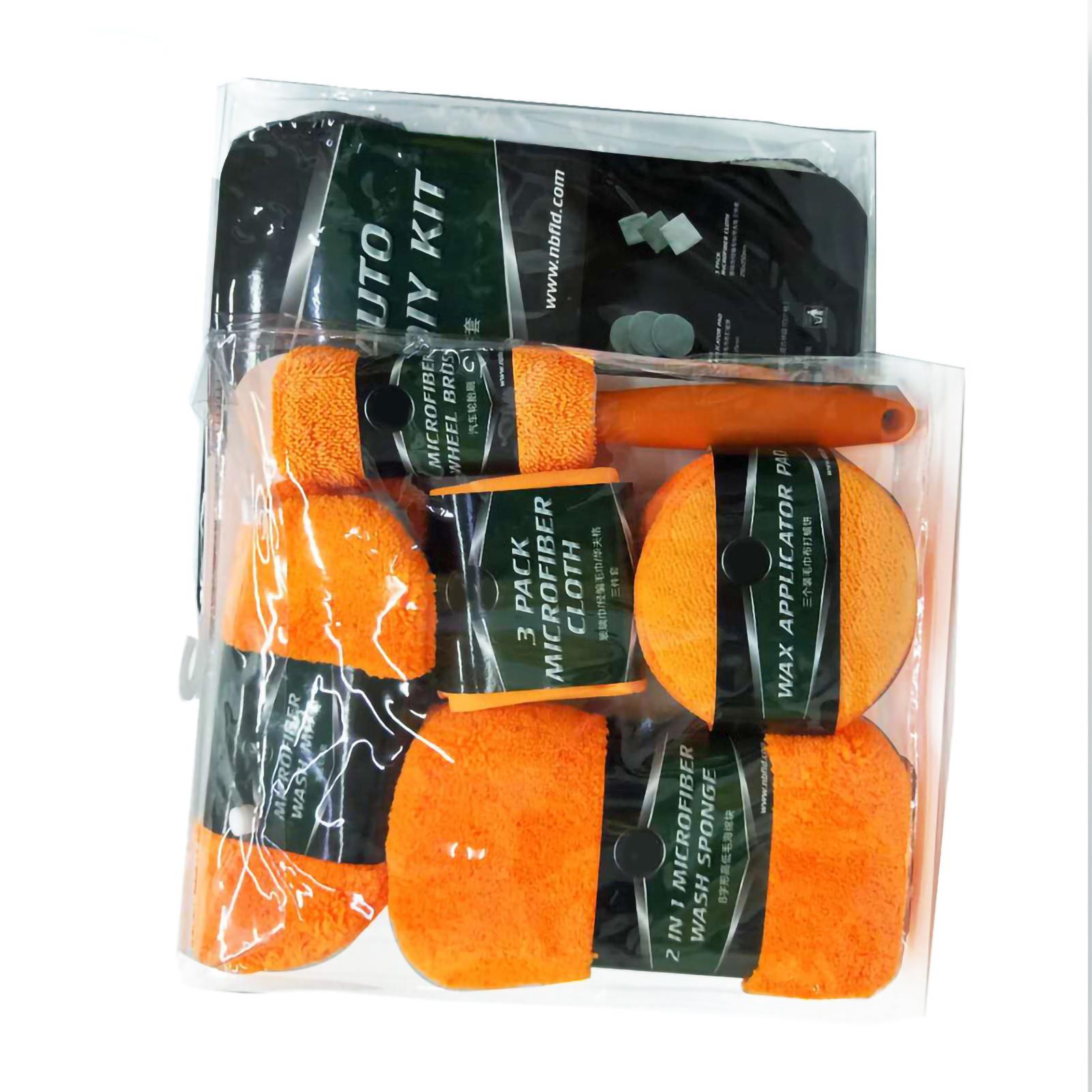 

9pcs Car Cleaning Kit Microfiber Wash Mitt Cloth Sponge Wax Pad Wheel Brush Scratch Free for Car оранжевый