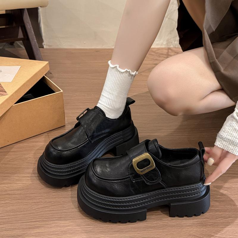 Platform Thick Heel British Style Small Leather Shoes Women's 2025 New French Retro Versatile Height-increasing Velcro Loafers