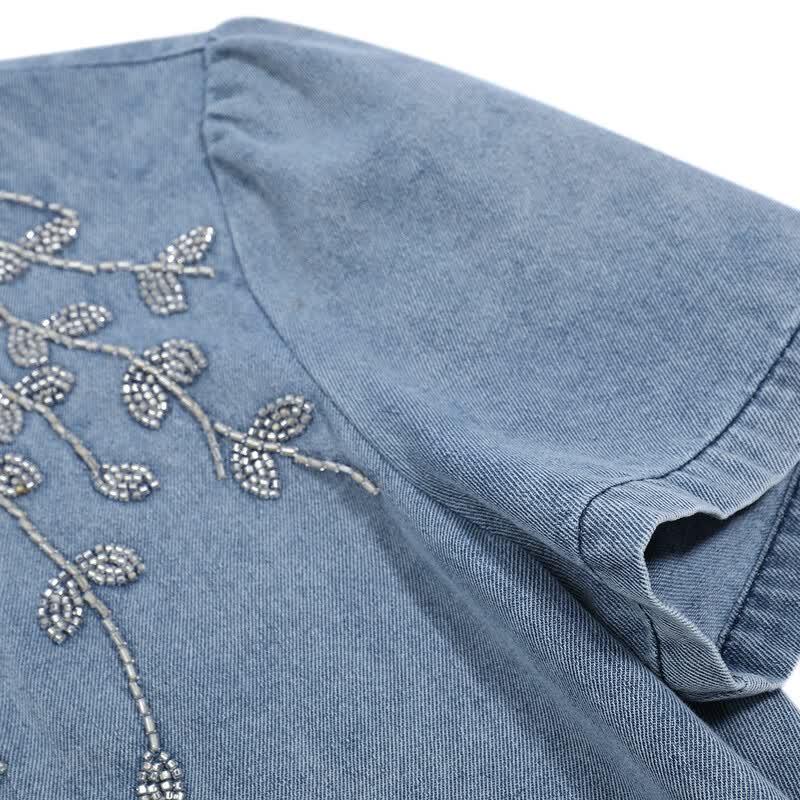 Women's Embroidered Ruffle Denim Midi Dress