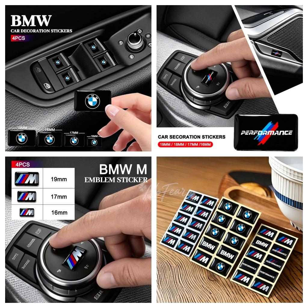 RTJF7 Fashion 4pcs For BMW M Performance Logo 3D Epoxy Glue Badge Car Interior Steering Wheel Dashboard Decor Sticker Accessories
