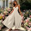 Women Sleeveless Spaghetti Strap Bohemian Wide Leg Jumpsuit Elegant Party Romper with V Neck and Relaxed Fit Design