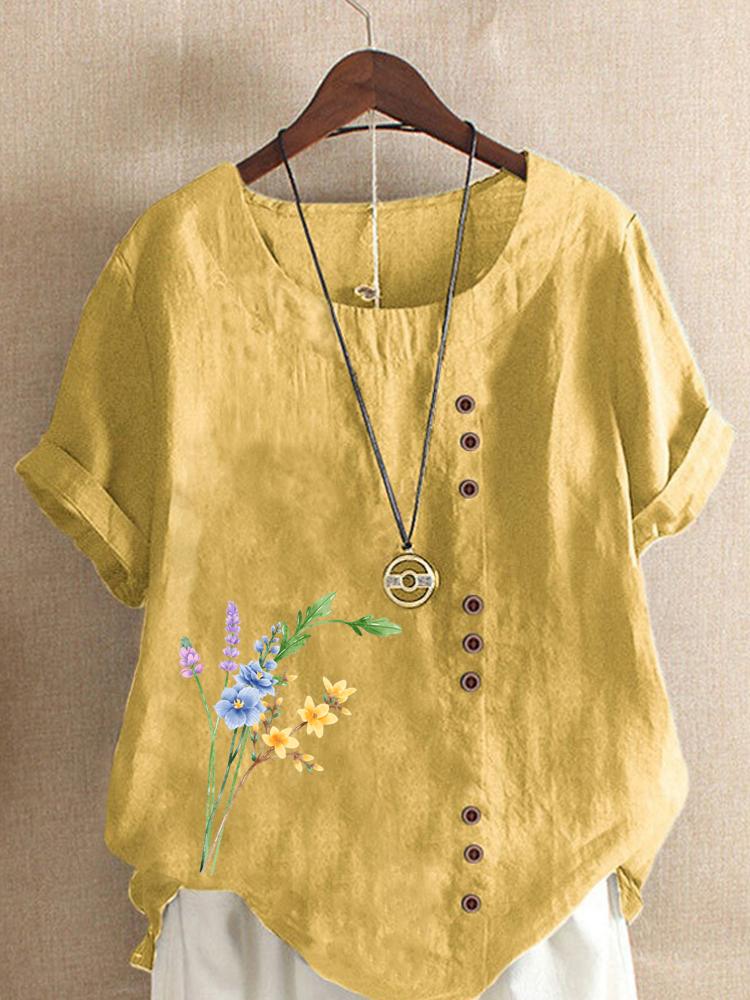Women's Fashion Floral Print Casual Cotton Linen Short Sleeve Round Neck T-shirt Shirt Leisure Loose Summer Blouse Tops