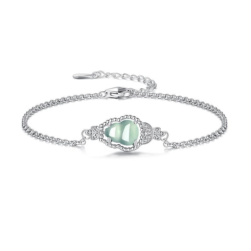 Women 925 Sterling Silver Bracelet Natural Jadeite Gourd Bangle New Chinese Style Jewelry