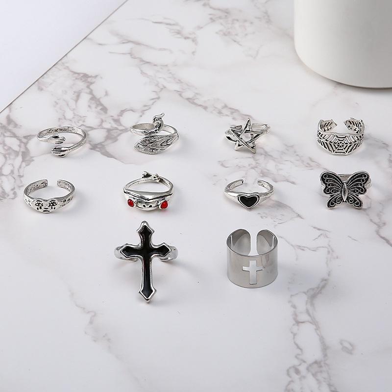 Stylish Peacock Frog Butterfly Sad Face Ring Set 10 Pieces