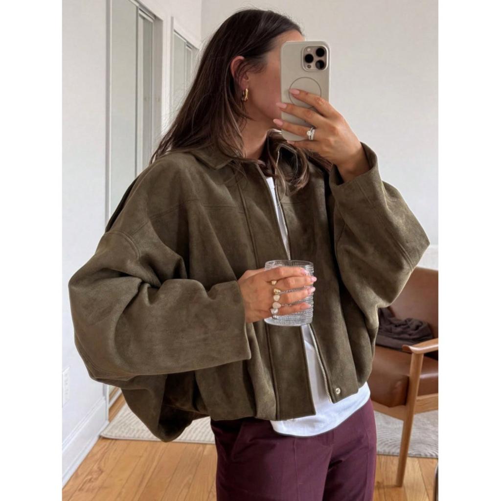 Damen Kurze Pilotenjacke Frühling/Herbst/Winter Jacke Locker Langarm Reißverschluss Retro Jacke Damen Neue Jacke