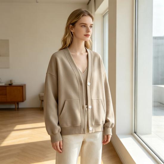 Solid Color Cardigan Women Button Front V-Neck Cardigan, Oversized Sweatshirt with Dual Pockets, Long Sleeve Casual Jacket for Fall Winter Pocket