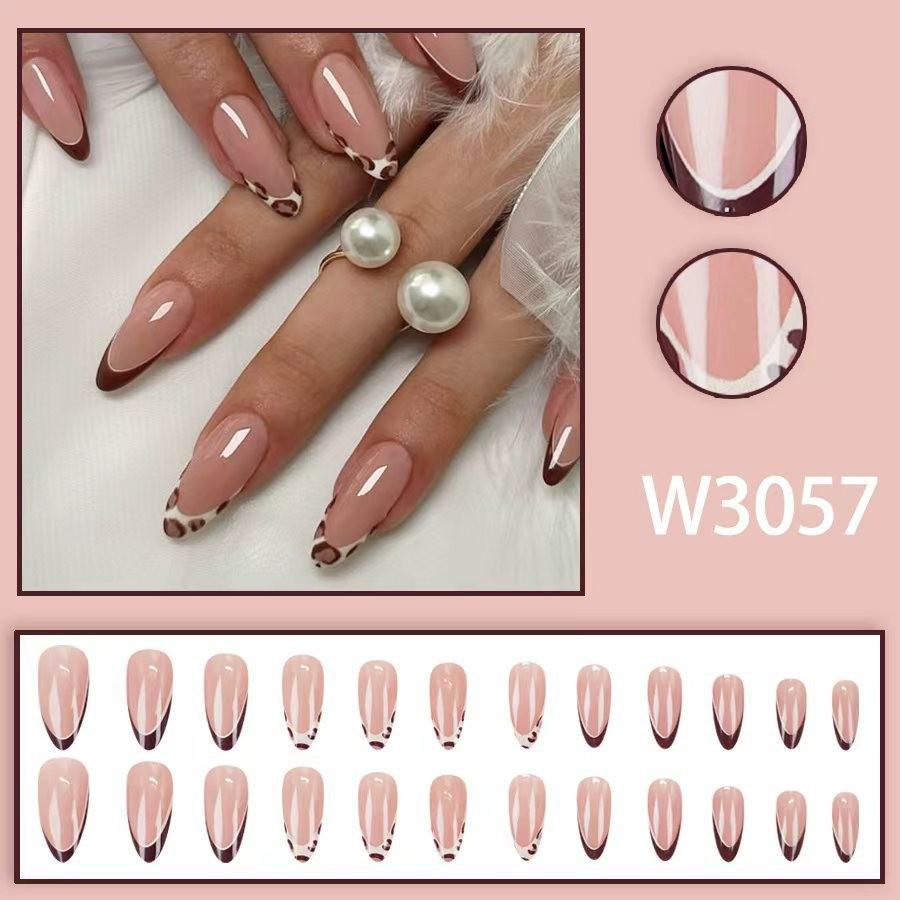 

Leopard Print Detachable Wearable Almond False Nails, 24-Piece Set with French Edge Nail Art Stickers