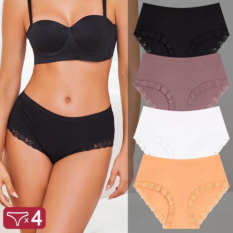 FINETOO 4Pcs/Set Ladies Mid Rise Underwear Cotton Ribbed Panties Floral Lace Edge Underpants Breathable Soft Women Briefs Multi‑color