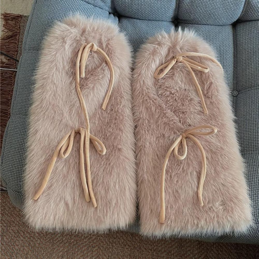 Autumn/winter Leg Warmers with Bow Tie Straps - Mid-calf Faux Fur Warm Socks