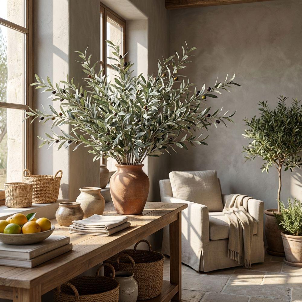 Plastic Artificial Olive Branch with Fruit Fake Olive Tree Simulated Olive Leaf Plant Office Decor
