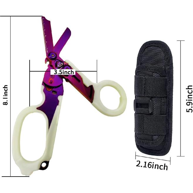 Emergency Response Shears,Stainless Steel Multifunction Self-Luminous Foldable Trauma shear with 1 Black Holster for Outdoor Camping Tools