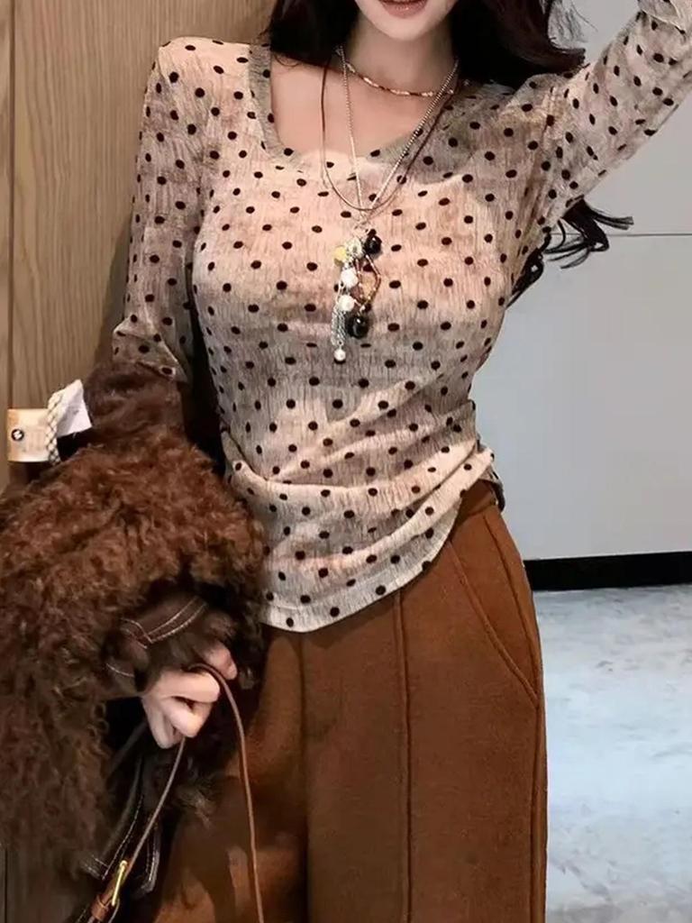 Women's Spicy Girl Polka Dot Color Block Long Sleeve Slim Fit Top - Autumn/Winter