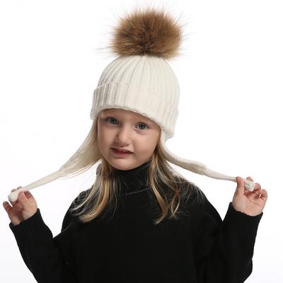 Hut Weiche Kinder Earflap Beanie Junge Mädchen Winter Wolle Hut Echt Fell Pompon Hut Warme Gestrickte Baby Hut Kinder Pompon beanies Kappe