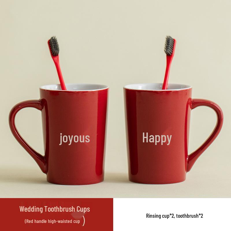 Newlyweds Ceramic Toothbrush and Mouthwash Cup Set with Washbasin - Red Wedding Dowry Edition 101-200ml