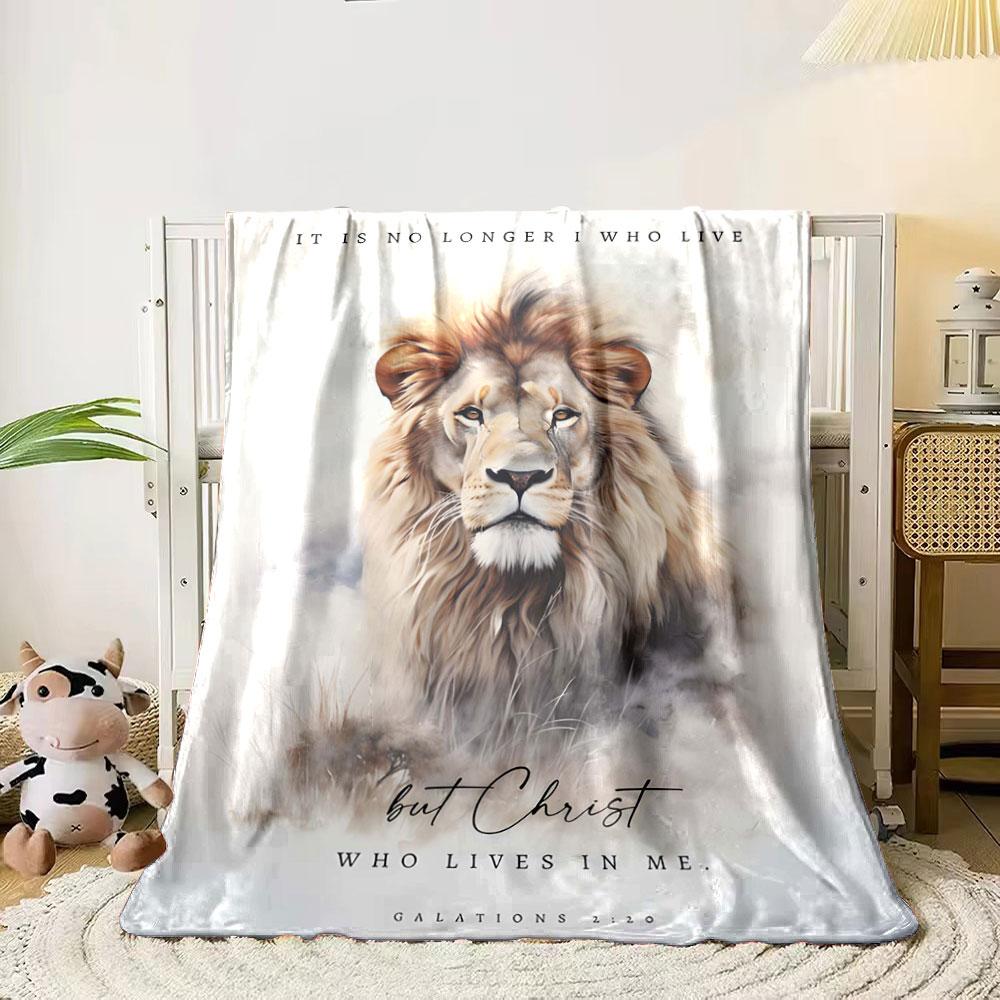 A majestic lion surrounded by soft clouds and text with a biblical quote. for all seasons blanket lunch break throw gift 80cm x 120cm