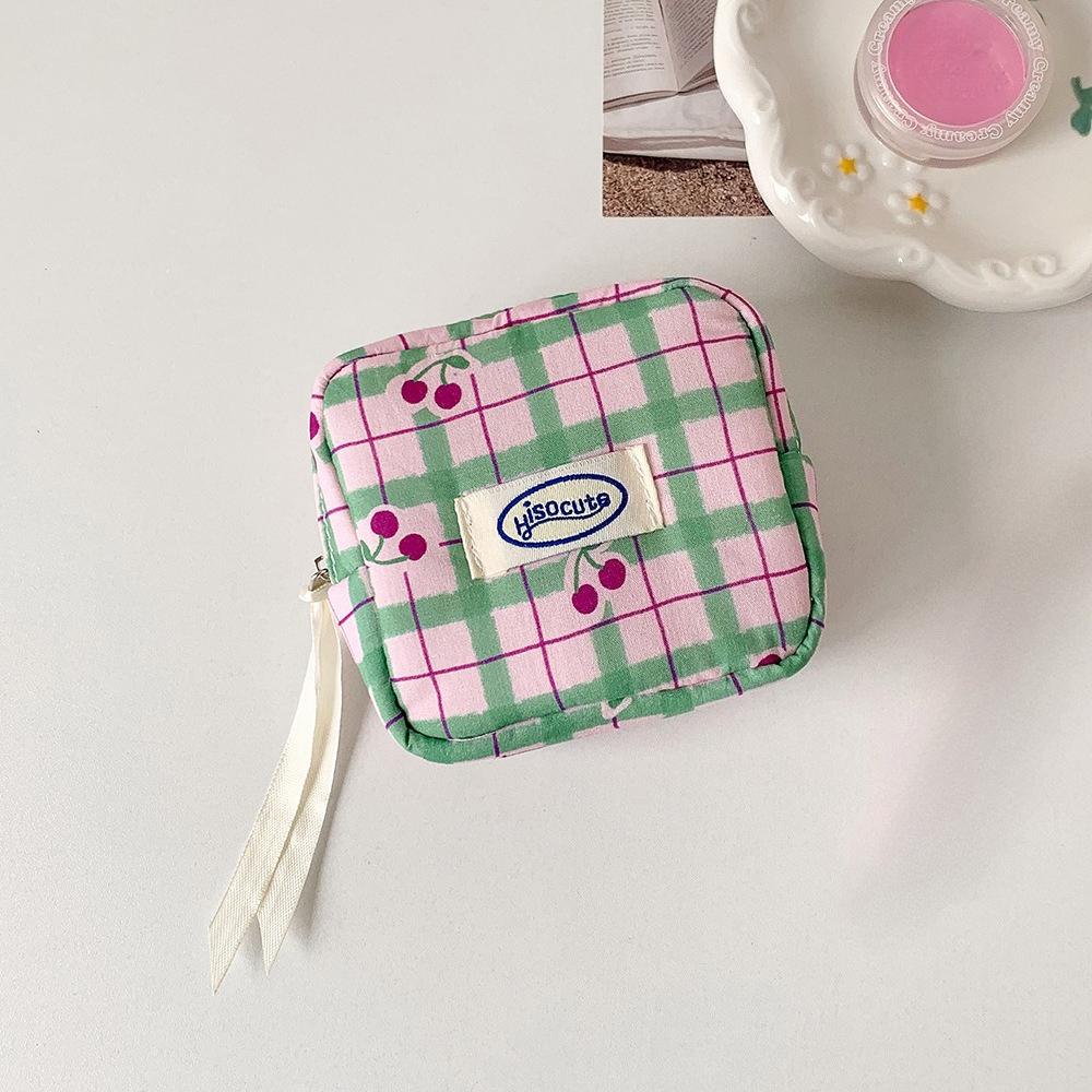 Fabric Small Cherry Patterned Storage Bag for Girls' Portable Sanitary Napkin Carrying Bag with Compartments  Mini Bag, Small Square Bag