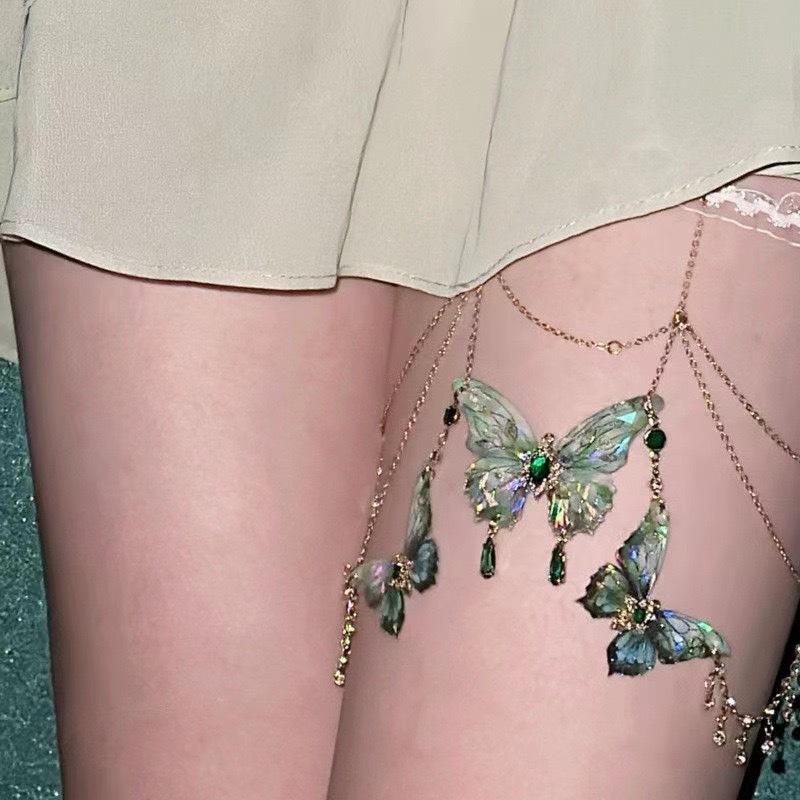Sexy Butterfly Tassels Thigh Chain Adjustable Length Lace Leg Chain With Fringes Accent Unique Body Jewelry for Women Girls