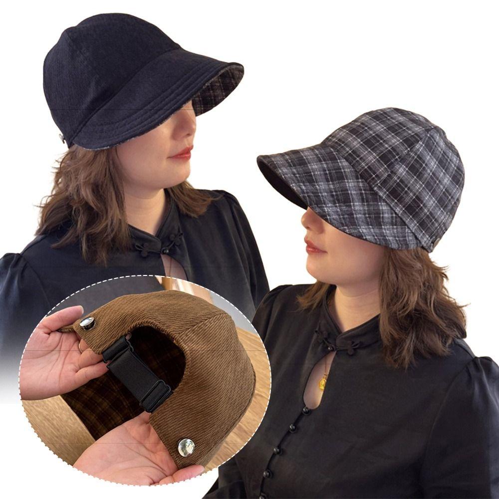 Double-side Baseball Cap Adjustable Peaked Cap Fashion Checkered Hat  for Women