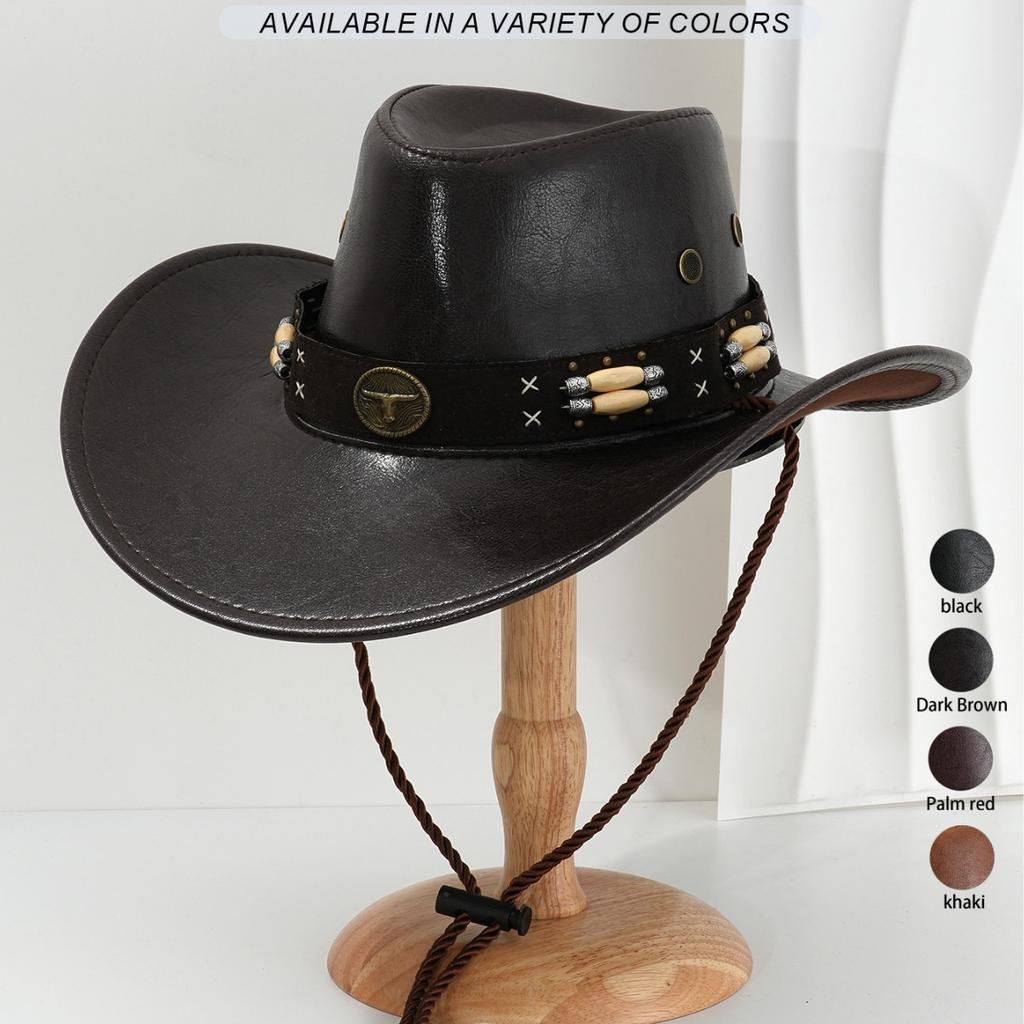 Vintage PU Leather Metal Sun Beaded Western Cowboy Hat Heavy Industry Locomotive Stage Show Personalized Trend Hat