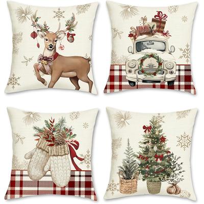 Christmas Themed Pillowcases: Deer, Vintage Car, Mitts & Christmas Tree Designs Sofa Cushion Cover New Year Home Room Decoration