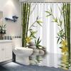1-Pack Bamboo And Stone Shower Curtain, Green Bamboo, White Zen Stones, Yellow Flowers And Reflective Water Pattern, With Hook