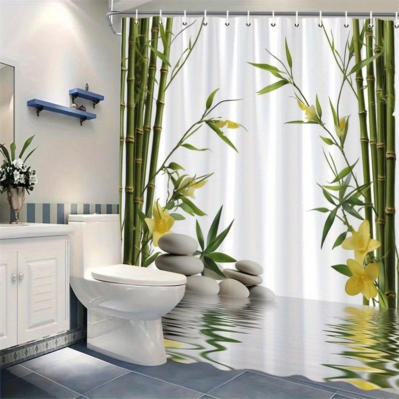 1-Pack Bamboo And Stone Shower Curtain, Green Bamboo, White Zen Stones, Yellow Flowers And Reflective Water Pattern, With Hook