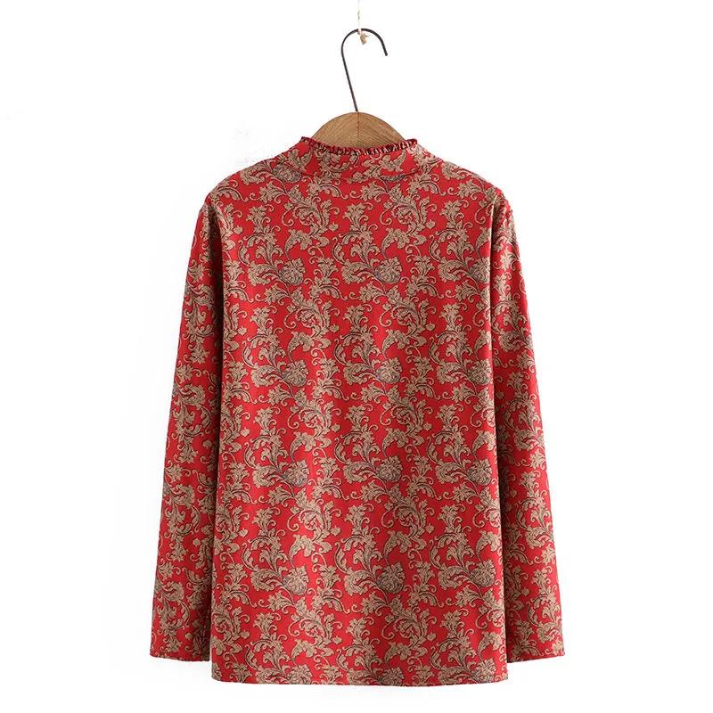 Autumn Bottoming Shirt T-shirt Women's Plus Size Loose Belly Covering Western Style Lace Collar Printed Long-sleeved Top